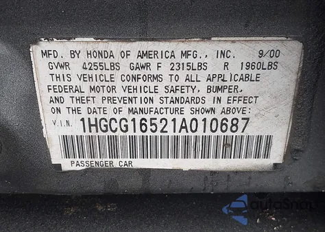 2001 Honda Accord 3.0 Ex из США, поврежденный, VIN 1HGCG16521A010687